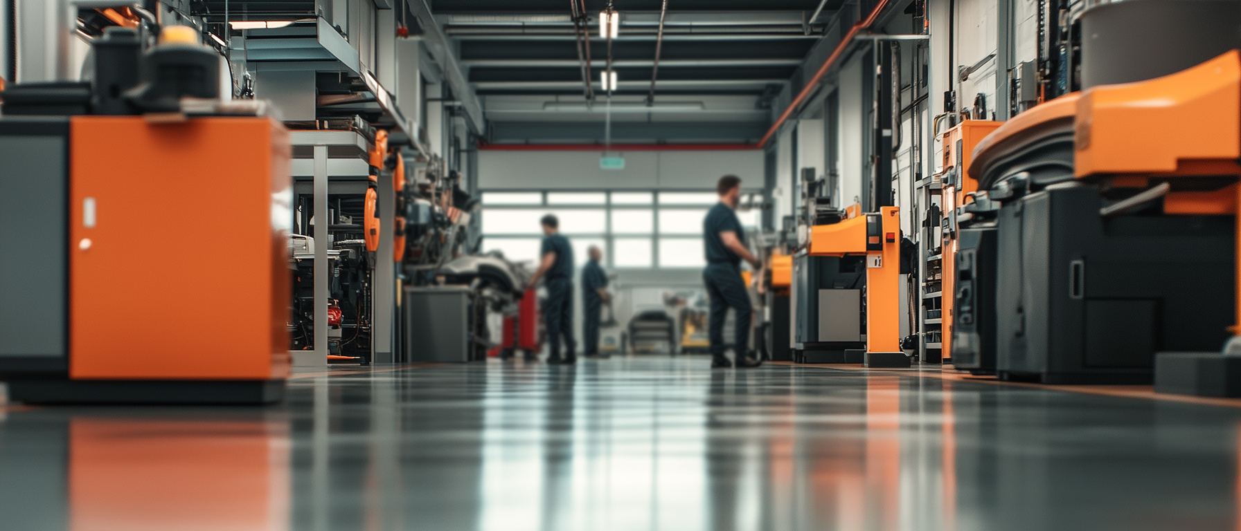 An Header Image Of A Mechanical Workshop, Partly Blurred, People In The Background
